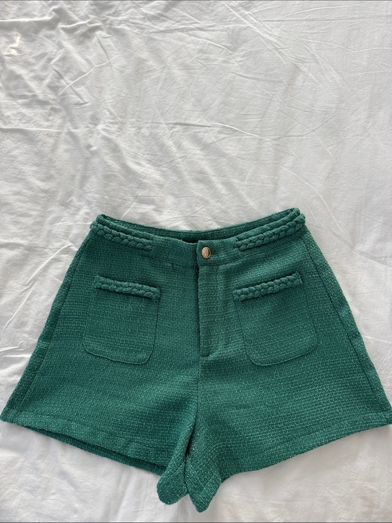 Pants - High-Waist Green Tweed Women’s Shorts